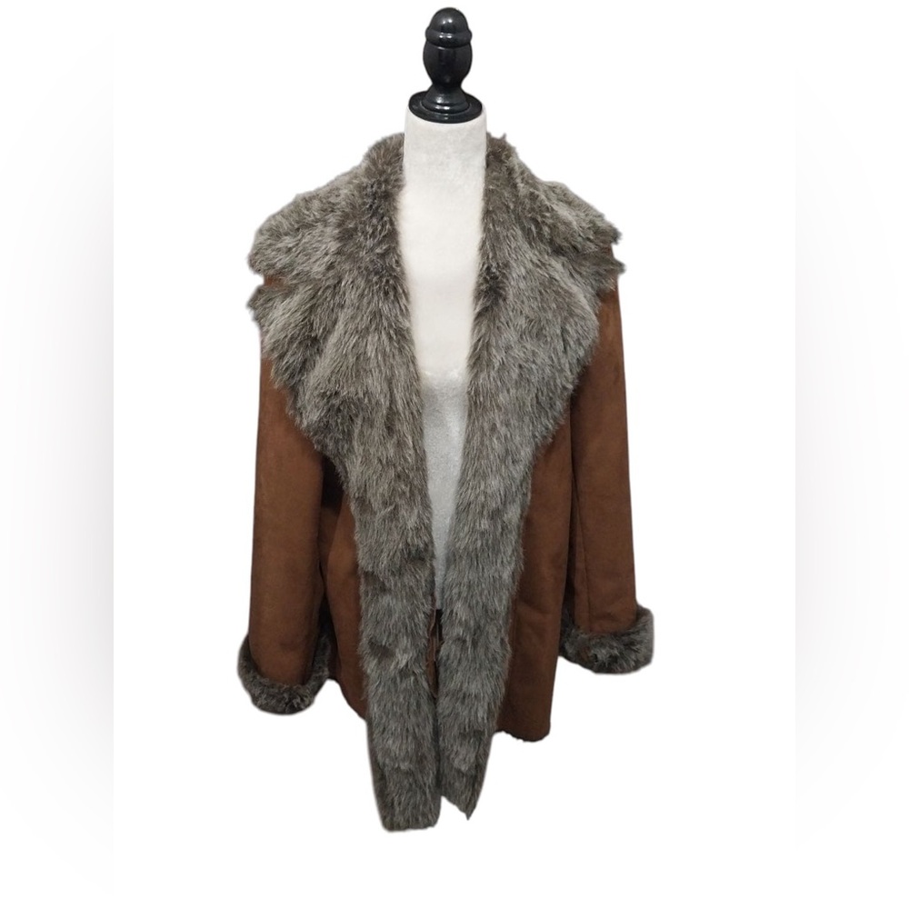 Marvin Richards Women's Black Brown Coat Fox Fur Trim Middle Length Size XL
